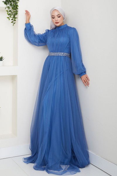 Taş Detaylı Büyük Beden Tesettür Abiye Alya - İndigo